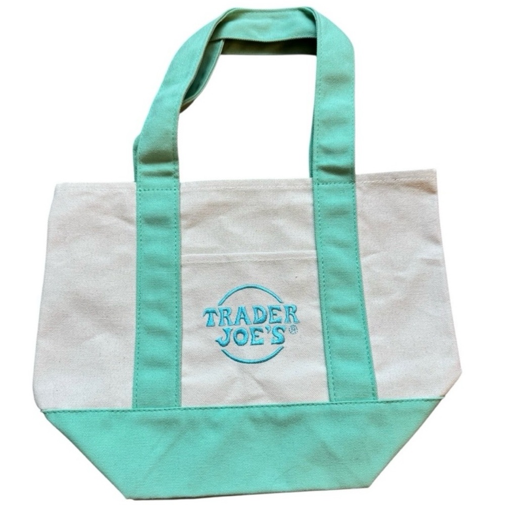 Trader Joe’s Mini Canvas Tote Bag Mint Green & Cream Pastel Reusable Bag Rare